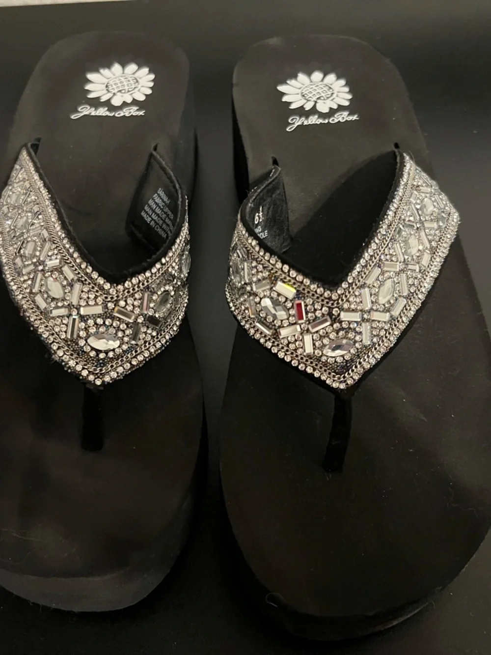 Yellow Box Black Jeweled Thong Sandals - Picture 1 of 2